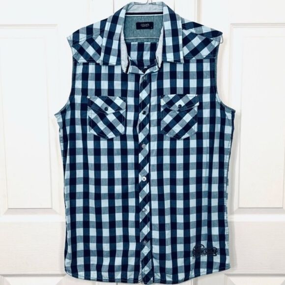Colin’s Mens Sleeveless Button Down Blue Checkered Plaid Shirt Surfing Bay Large - Picture 11 of 11